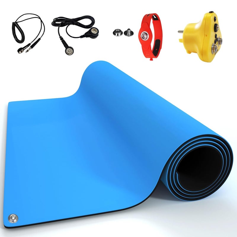 KooMall 36 x 24 Inch ESD Rubber Mat Kits, Anti Static Table Floor Pad for Electronic Device Repair Solder Assembly PC Building, W/H Grounding Kit- Antistatic Wrist Straps Bracelets Cord Plugs, Blue - Image 1